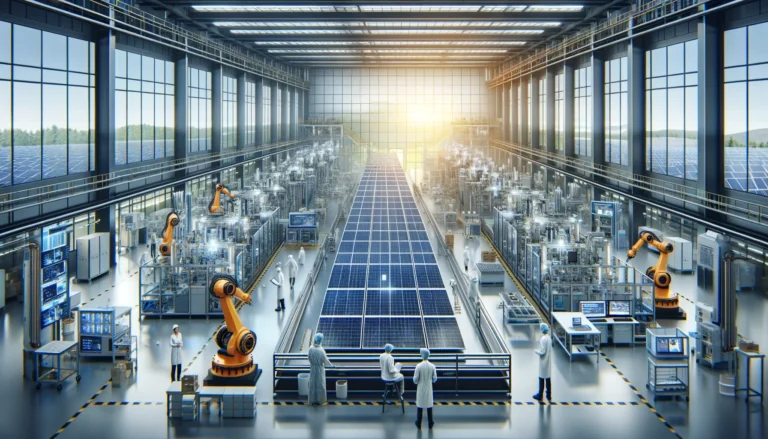 Image généré par L'IA et représentant une usine de fabrication de panneaux solaire